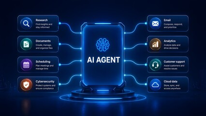Fototapeta premium Modern glowing AI agent dashboard interface displaying automated workflows for business tasks like email scheduling research and cloud data.