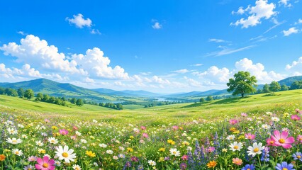 Obraz premium A wide view shows a field filled with many flowers of different colors. Green hills rise in the background under a sunny sky with clouds.