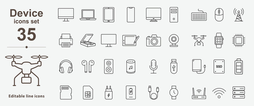 Set of 35 Device icon set. Editable Stroke Icon Collection, computers, smart phone, watches, speaker, tablet, and more. Outline Icon Set.