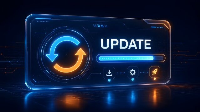 Futuristic digital interface screen displaying system update progress bar refresh arrows and application download icons