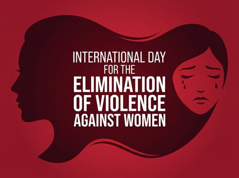 International Day for the Elimination of Violence Against Women Poster with Crying Female Face and Silhouette on Red Background