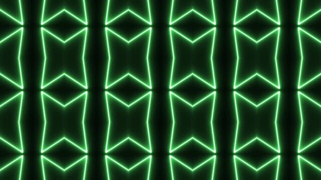 Green Glowing Neon Diamond Grid Kaleidoscope Pattern Motion Graphic Seamless VJ Loop Background for Stage Visuals.