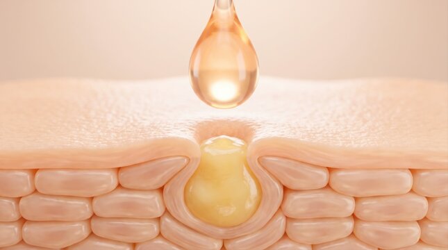 A 3D render showing a liquid drop entering a skin pore to treat or penetrate the epidermal layer.