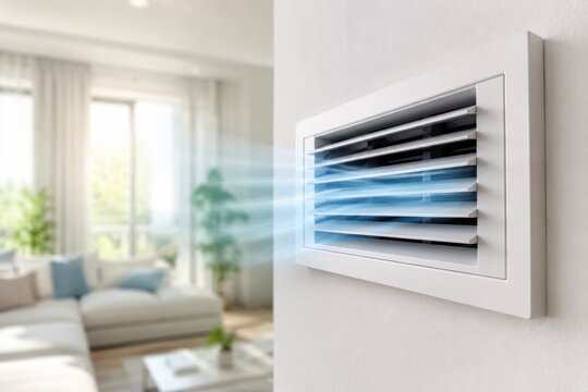 A close-up of a white wall-mounted air vent blowing cold air into a bright, modern living room space.