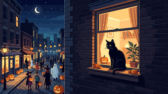 Halloween night street scene with black cat in window, spooky town celebration with trick or treaters, cozy autumn evening city landscape vector
