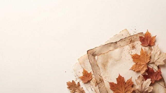 Textured craft paper and dried autumn leaves create a cozy rustic flat lay background.