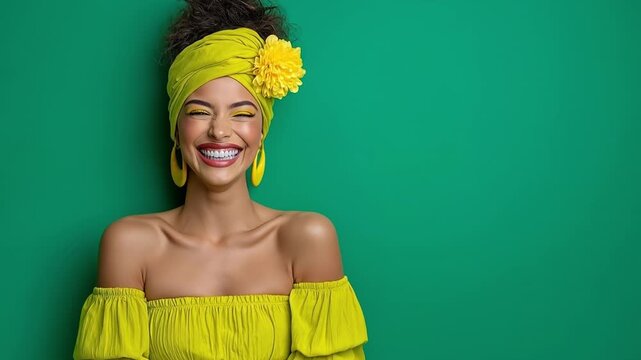 Joyful woman in a yellow headwrap and off-the-shoulder top laughing against a green background