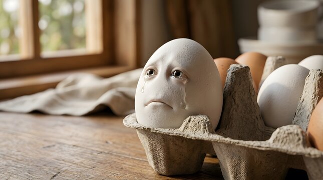 Crying egg with human face in carton. Sad surreal food character sitting on wooden table.