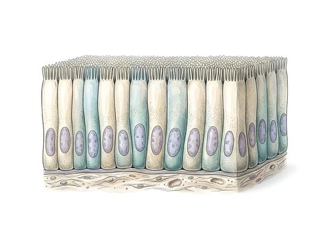 Simple Columnar Epithelium Structure Showing Tall Epithelial Cells Isolated on White Background