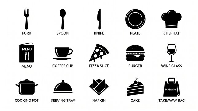 Restaurant icon collection featuring dining and kitchen equipment in a modern flat style.