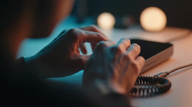 An individual adjusting a sleek audio interface, capturing a moment of focus and creativity in a dimly lit environment with soft glowing lights enhancing the ambiance.