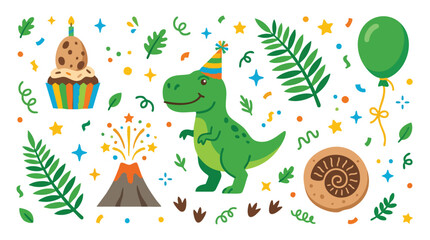 Fototapeta premium Cute T-Rex Dinosaur Birthday Party Flat Vector Illustration Set