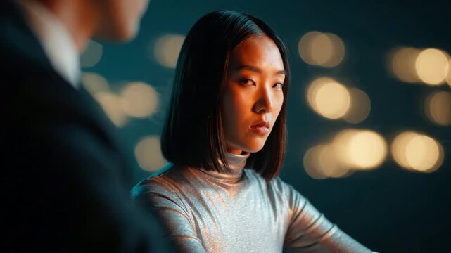A Tense Encounter: A Young Woman in a Silver Top Faces a Mysterious Figure, Capturing a Moment of Emotion and Anticipation Amidst Soft Light Effects