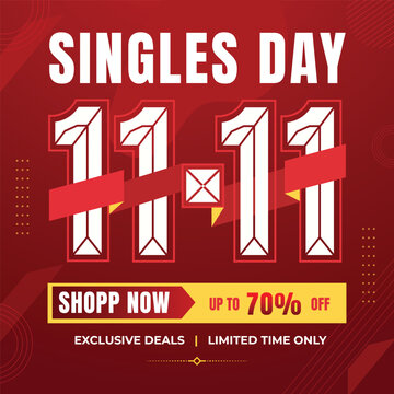 Singles Day 11.11 Exclusive Deals Banner with Red Background and Up to 70 Perce