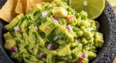 Obraz premium Guacamole prepared with fresh diced avocado and red onion sits in a rustic black stone mortar bowl.