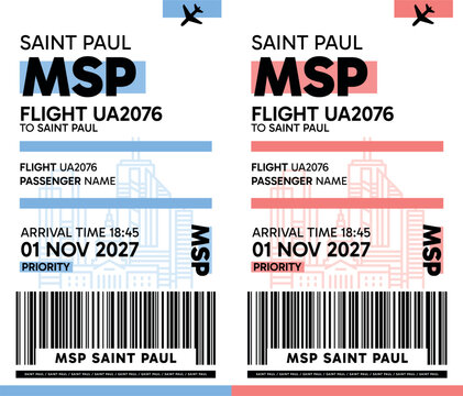 MSP Saint Paul, USA luggage label, boarding pass template. Vector minimalist illustration with airport code, city destination, flight info. Flat, modern image layout