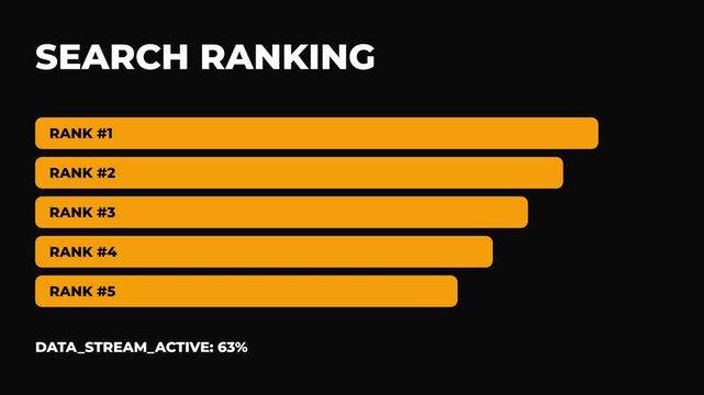 Search ranking graph, detailed data visualization with ranking bars and data stream percentages, black background with orange bars, symbolizing online performance and statistics for business