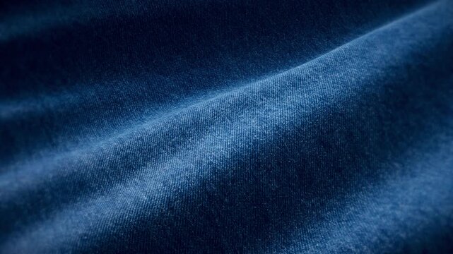 Close-up of dark blue denim fabric with dramatic folds and shadow, seamless loop texture background for sustainable fashion and premium denim branding