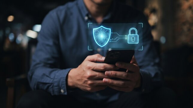 Man using mobile phone displaying security alert hologram and digital protective shield