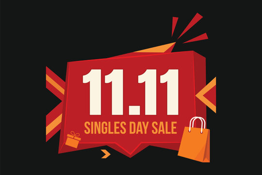 11.11 Singles Day Sale Banner with Red Speech Bubble and Shopping Bag