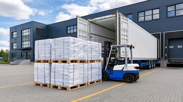 Shrink wrapped pallets moved toward an open refrigerated trailer at a modern dock in bright clean daylight freight logistics