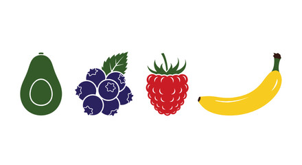 Colorful illustration of four types of fruit with avocado blueberries raspberry nutrition delicious healthy banana eating fresh tasty with food © Asim