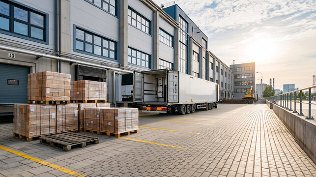 Logistics workerless loading dock scene with shrink wrapped pallets moving into a refrigerated trailer in a bright modern freight warehouse during daytime