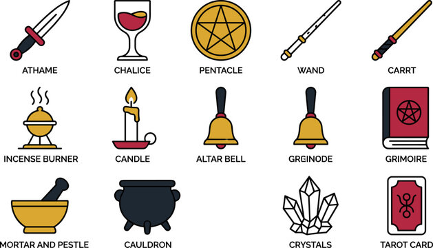 Wicca and witchcraft ritual tools icons set collection of magical items including athame, chalice, pentacle, wand, incense burner, candle, bell, and grimoire