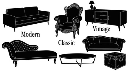 Black and white illustration of modern with furniture set living room silhouette interior cabinet classic design chair table trunk decor with sofa © Asim