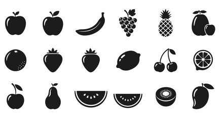 Collection of black fruit icons on white background with illustrations strawberry watermelon pineapple cherries symbols banana grapes with orange © Asim
