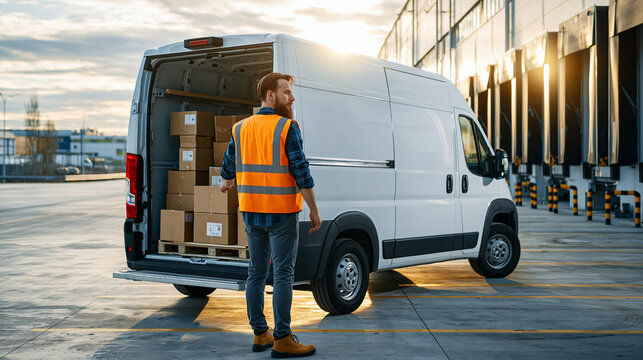 Rear view logistics worker in high visibility vest loading cargo into a white delivery van at a bright warehouse loading dock in natural daylight