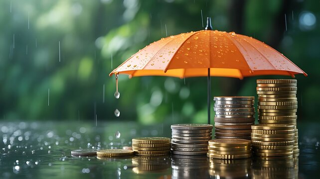 Stacks of gold and silver coins protected under a bright orange umbrella during a rainstorm, symbolizing financial security and wealth preservation