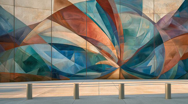 Ultra-realistic eye-level architectural view of a large industrial wall transformed into a sophisticated abstract mural 