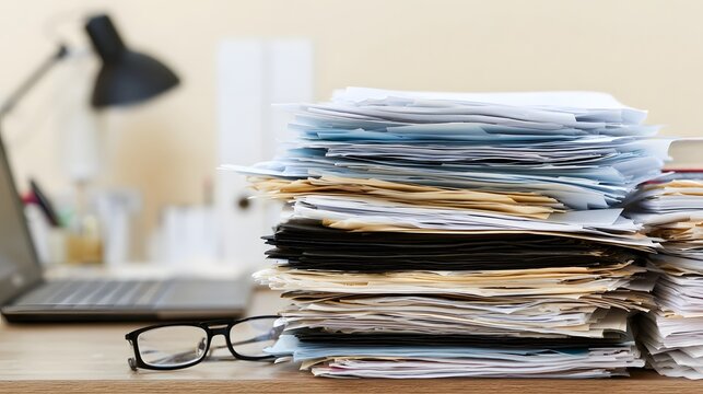 A towering stack of assorted papers sits on a wooden desk beside eyeglasses and an open laptop