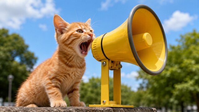 A cat stands near a yellow megaphone in a park. It is yelling into the megaphone with its mouth wide open. The sky is clear with some clouds. Trees are seen in the background.