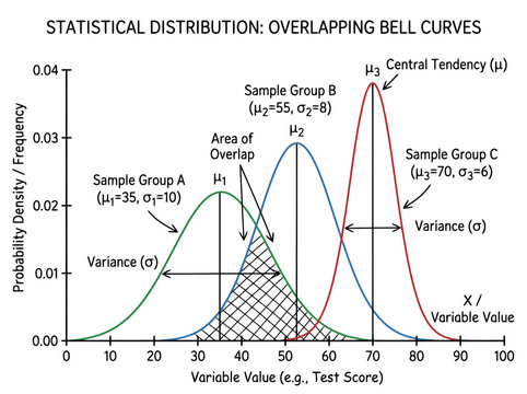 Statistical distribution chart with overlapping bell curves Vector
