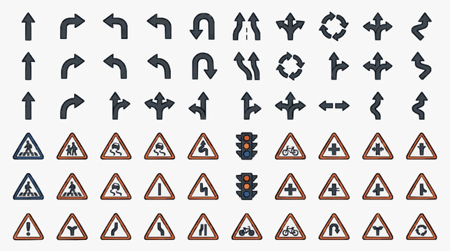 Sleek Modern Collection of Black and White Directional Road Signs and Orange Warning Traffic Symbols for Design Projects