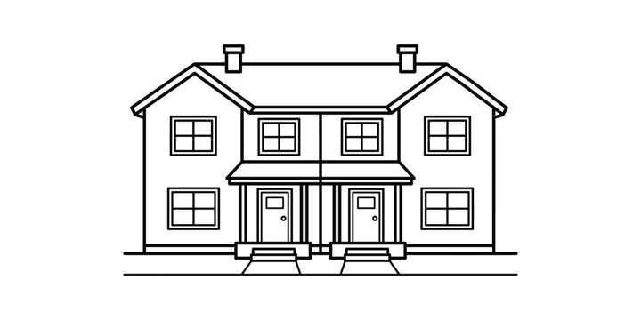 Simple black and white line drawing of a duplex residential house with two front doors