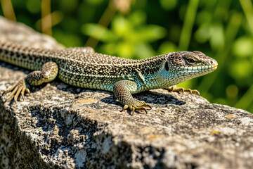 Fototapeta premium Green lizard basks on rock in summer sun, showing its patterned scales and watchful eye. Reptile rests on stone surface with blurred green foliage background. Wild animal enjoys warm weather.