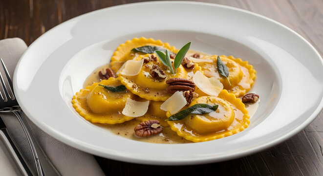 Ravioli pasta rests in a white bowl with toasted pecans and fresh sage leaves in a savory butter sauce.