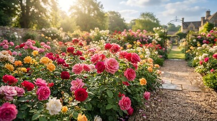 Naklejka premium A vibrant rose garden with a gravel path winding through beds of colorful blooming roses in shades of red, pink, yellow, and white under a warm sunny sky