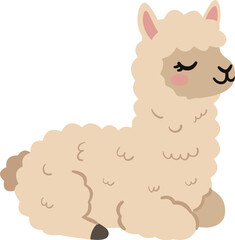 Fototapeta premium Cute Cream Llama Sitting with Closed Sleeping Eyes and Pink Cheeks, Hand Drawn Kawaii Alpaca Character Element Decoration, Nursery Whimsical Cartoon Animal Clipart Illustration