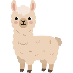 Obraz premium Fluffy Beige Llama with Wool Texture and Pink Cheeks, Hand Drawn Kawaii Alpaca Character Element Decoration, Cute Nursery Cartoon Animal Clipart Illustration