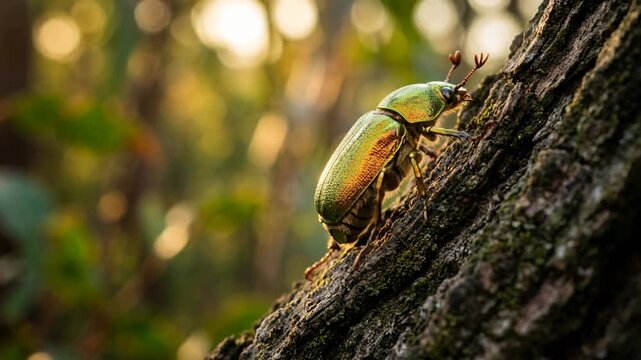 christmas beetle on eucalyptus branch australia golden light close up video