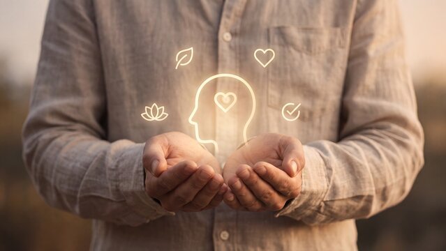 Mental health wellness platform concept, man holding glowing human head silhouette with heart inside, leaf, lotus, heart and checkmark icons, mindfulness, emotional care and wellbeing