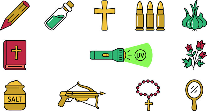 Set of hunting equipment for vampires and supernatural creatures, including holy items, weapons, and protective tools, flat vector illustration