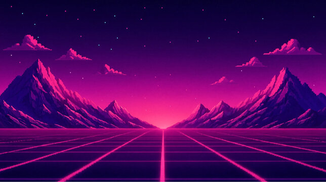 Retro 80s synthwave neon mountain landscape background with perspective grid road.