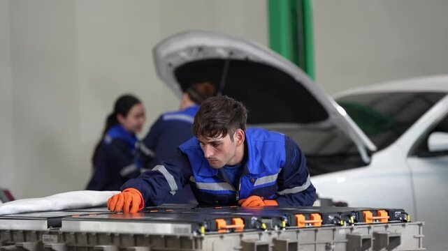 Battery technician glove workshop repair electric vehicle car maintenance mechanic checking battery pack module in garage