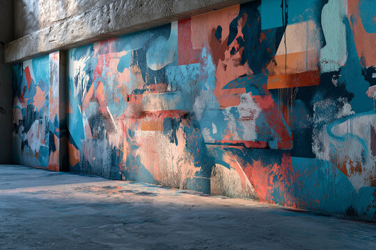 Mixed martial arts fighter training on graffiti wall. Athletic man in gloves and tape practicing combat sports outdoors.	