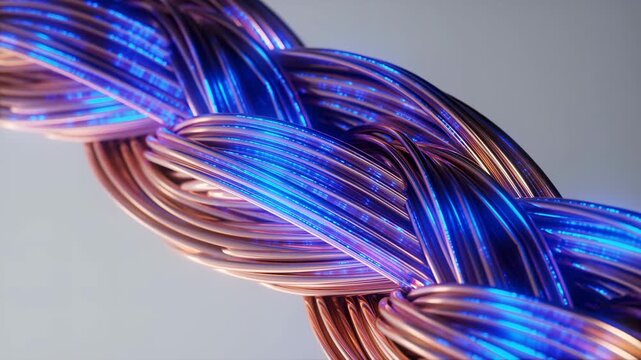 Close-up of a braided metallic cable intertwined with glowing blue fiber optic lines. High-speed data transfer and network connection concept. Futuristic energy transmission